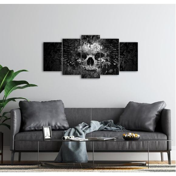5-Piece Skull Canvas Wall Art – Dark Gothic Black and White Skull Painting - Picture 1 of 5